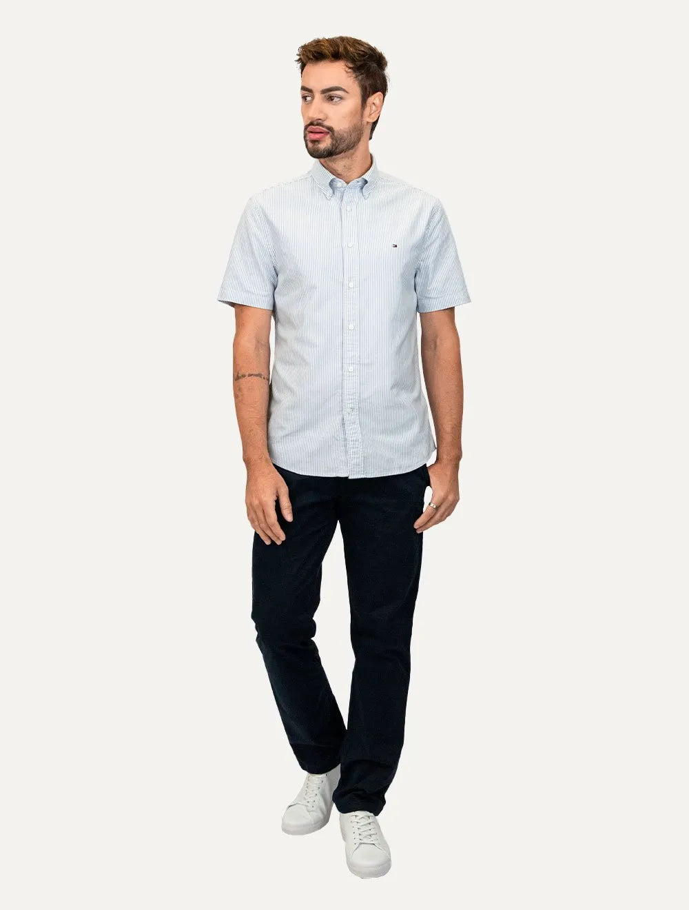 Camisa Tommy Hilfiger Masculina Manga Curta Regular Oxford Stripes Azul Mescla