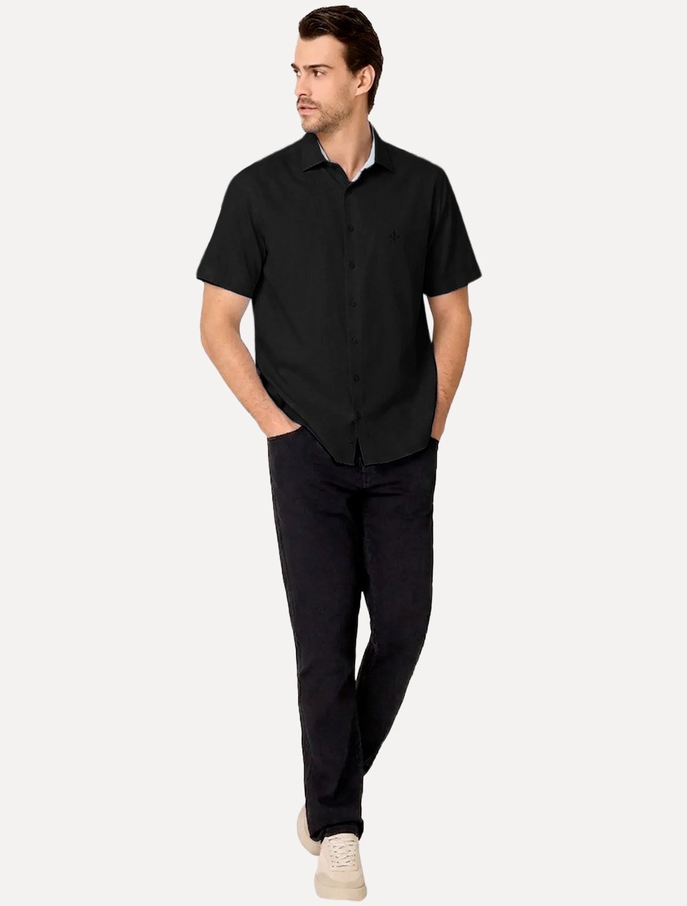 Camisa Dudalina Masculina Manga Curta Slim Superfine Cotton Tricoline Lisa Preta