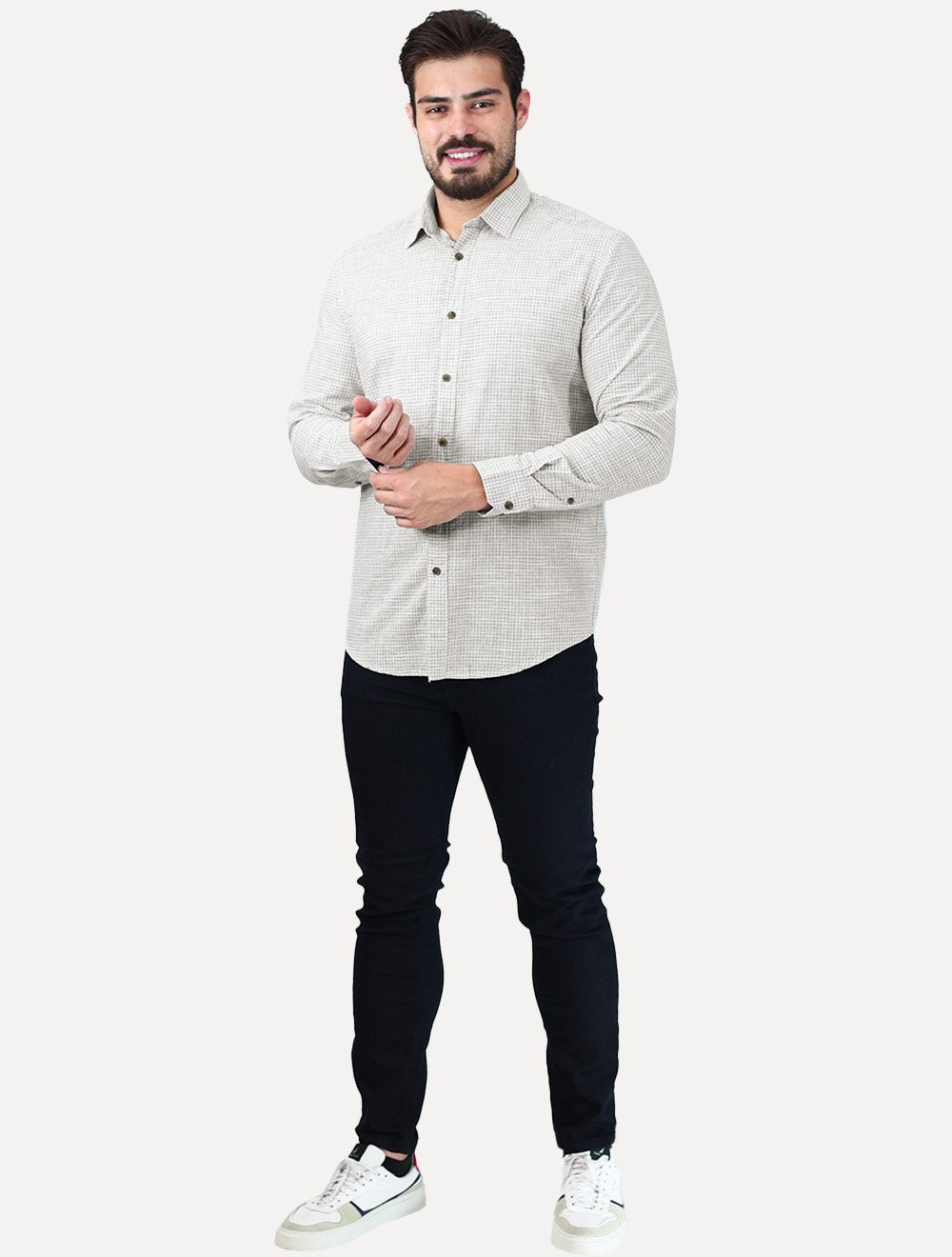 Camisa Aramis Masculina Regular Mini Xadrez Mescla Branco/Cinza