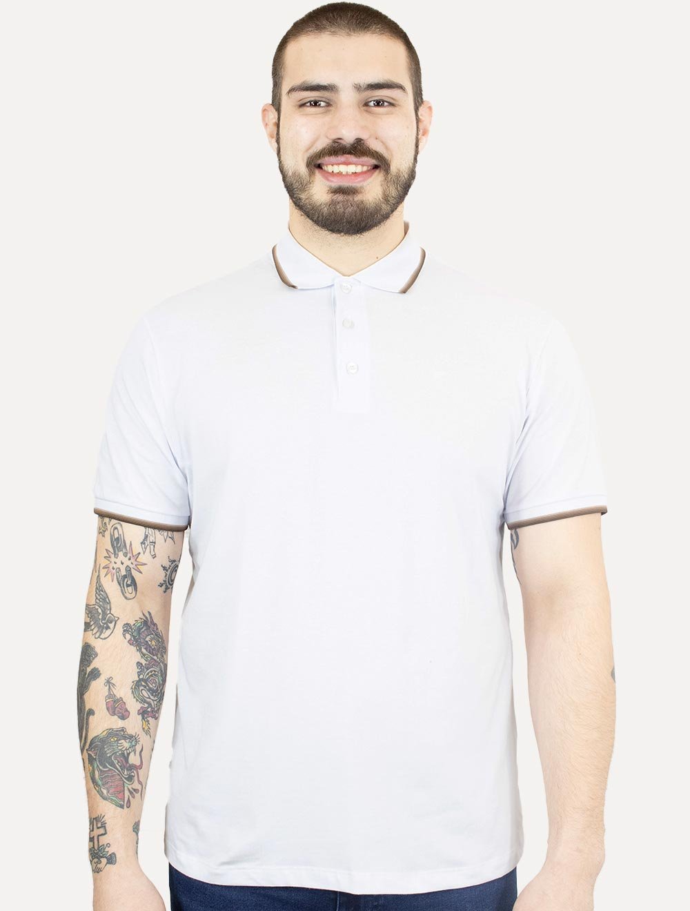 Polo Ellus Masculina Piquet Classic Easa Friso Brown Branca