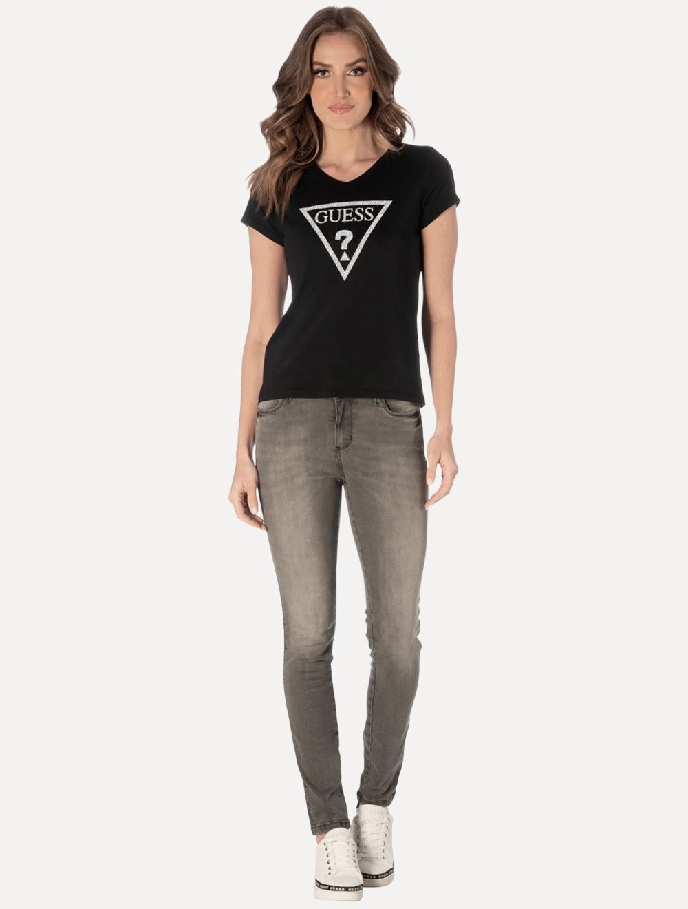 Camiseta Guess Feminina Bust Printed Bright Logo Preta