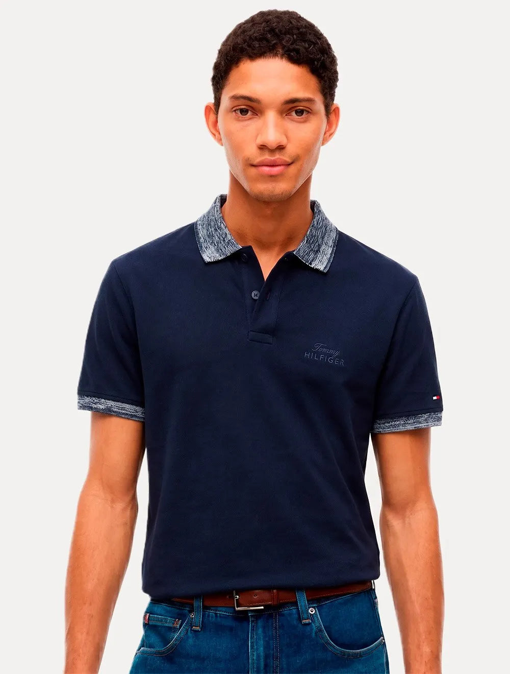 Polo Tommy Hilfiger Masculina Piquet Regular Melange Collar Azul Marinho