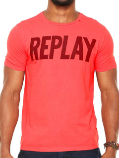 Camiseta Replay Masculina Frontal Stamp Logo Vermelho Coral