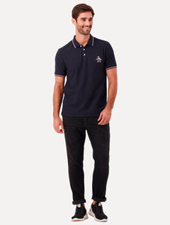 Polo Original Penguin Masculina Piquet Lisa Friso Mega Patch Azul Marinho