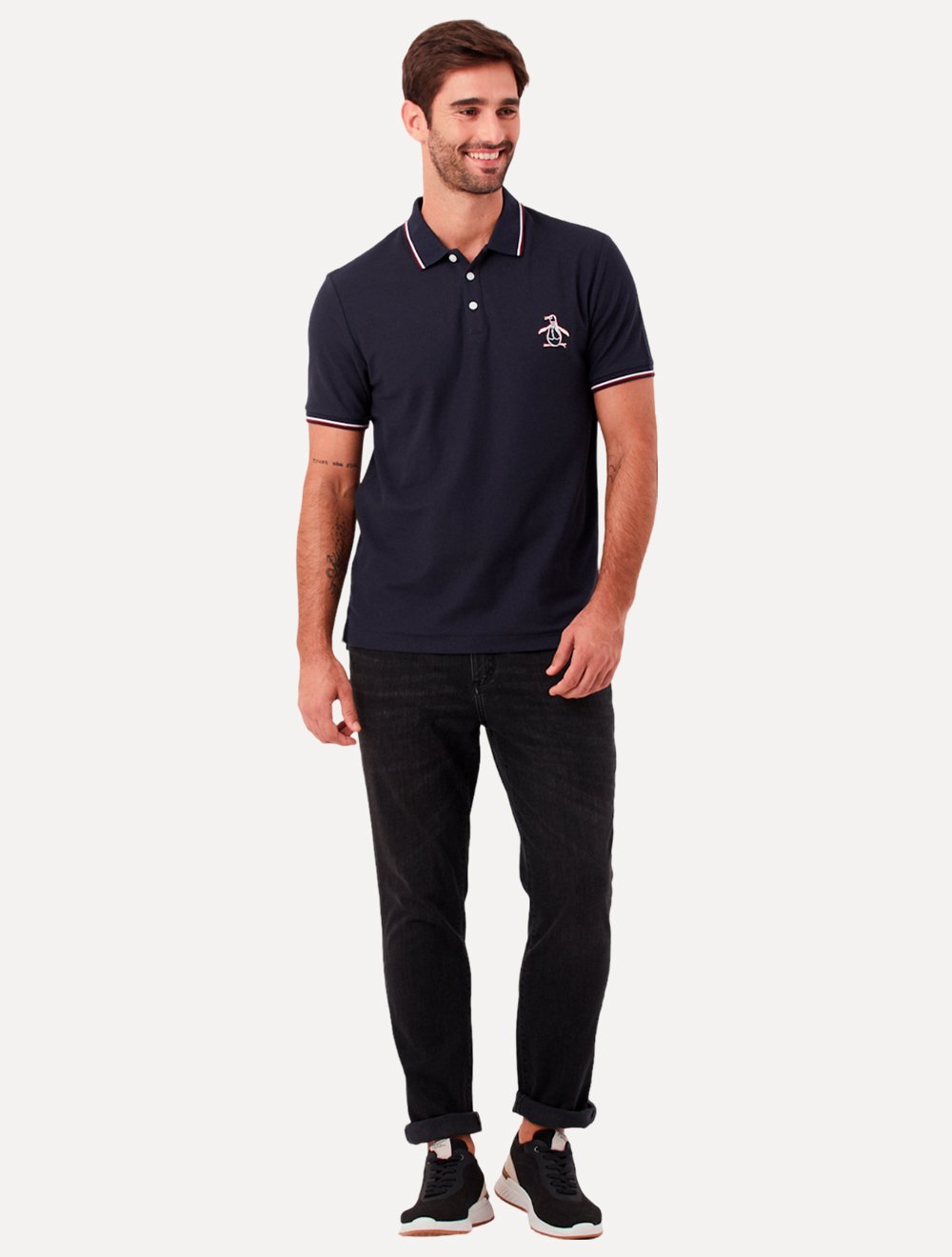Polo Original Penguin Masculina Piquet Lisa Friso Mega Patch Azul Marinho