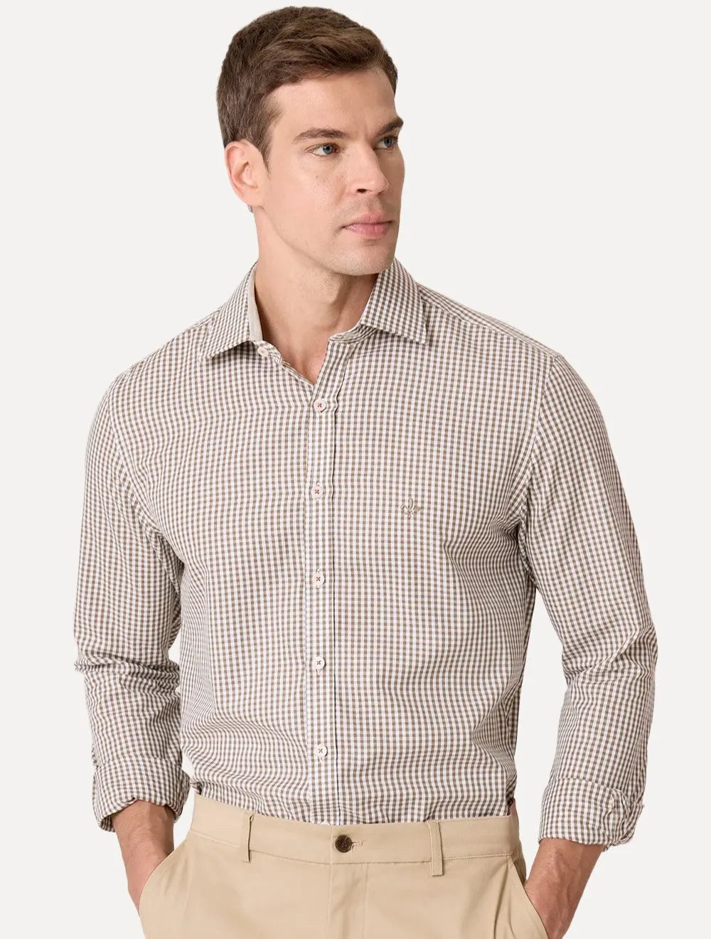 Camisa Dudalina Masculina Comfort Superfine Regular Xadrez Mono Logo Marron Claro
