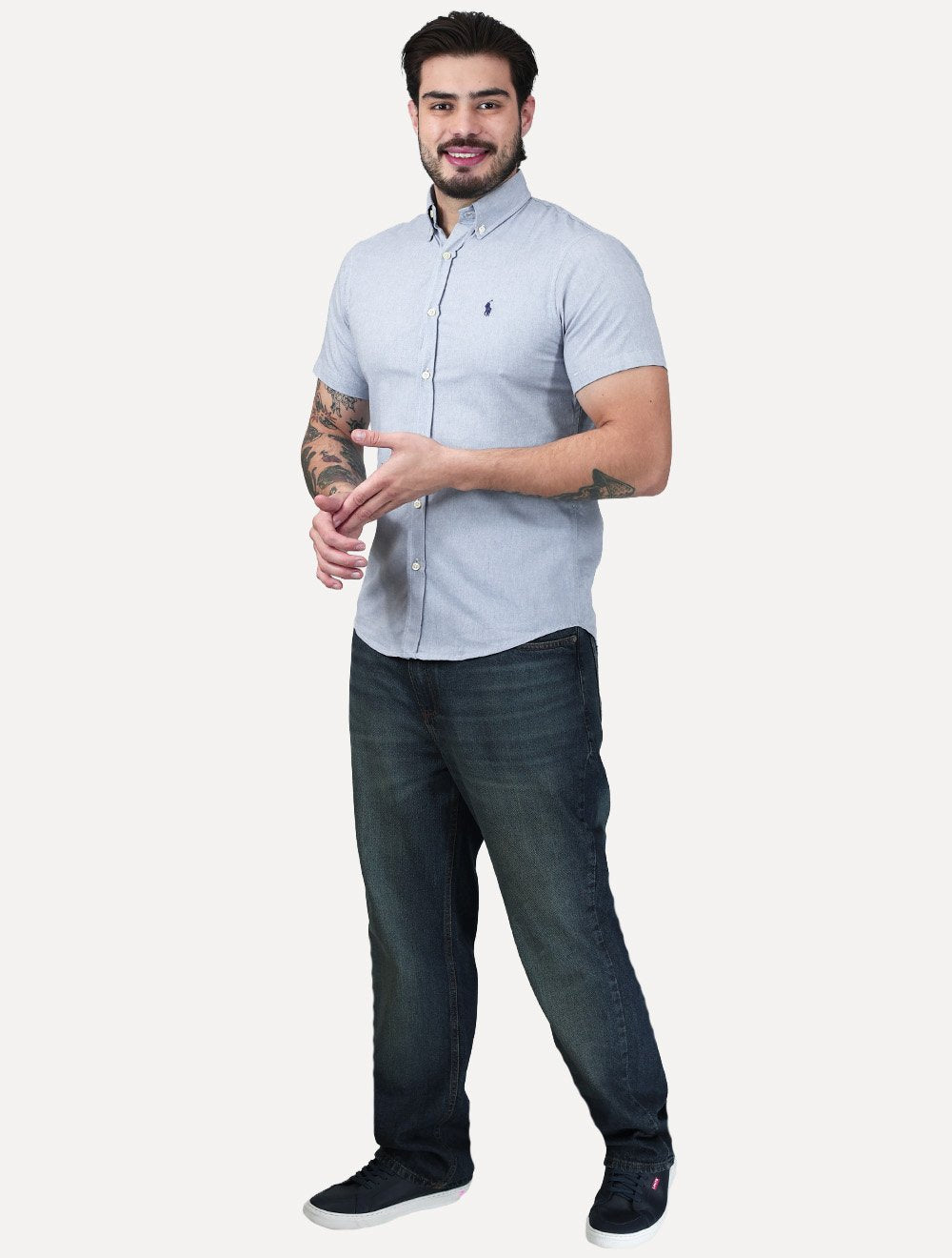 Camisa Ralph Lauren Masculina Manga Curta Linho Navy Icon Azul Mescla