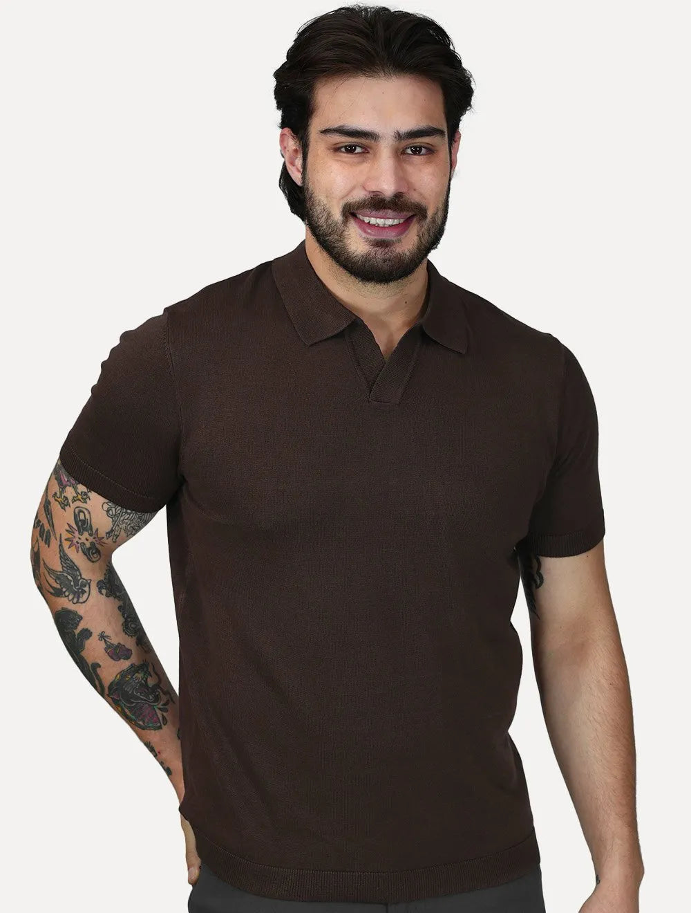 Polo Dixen Masculina Tricot Viscose Texturizada Manga Curta Marrom