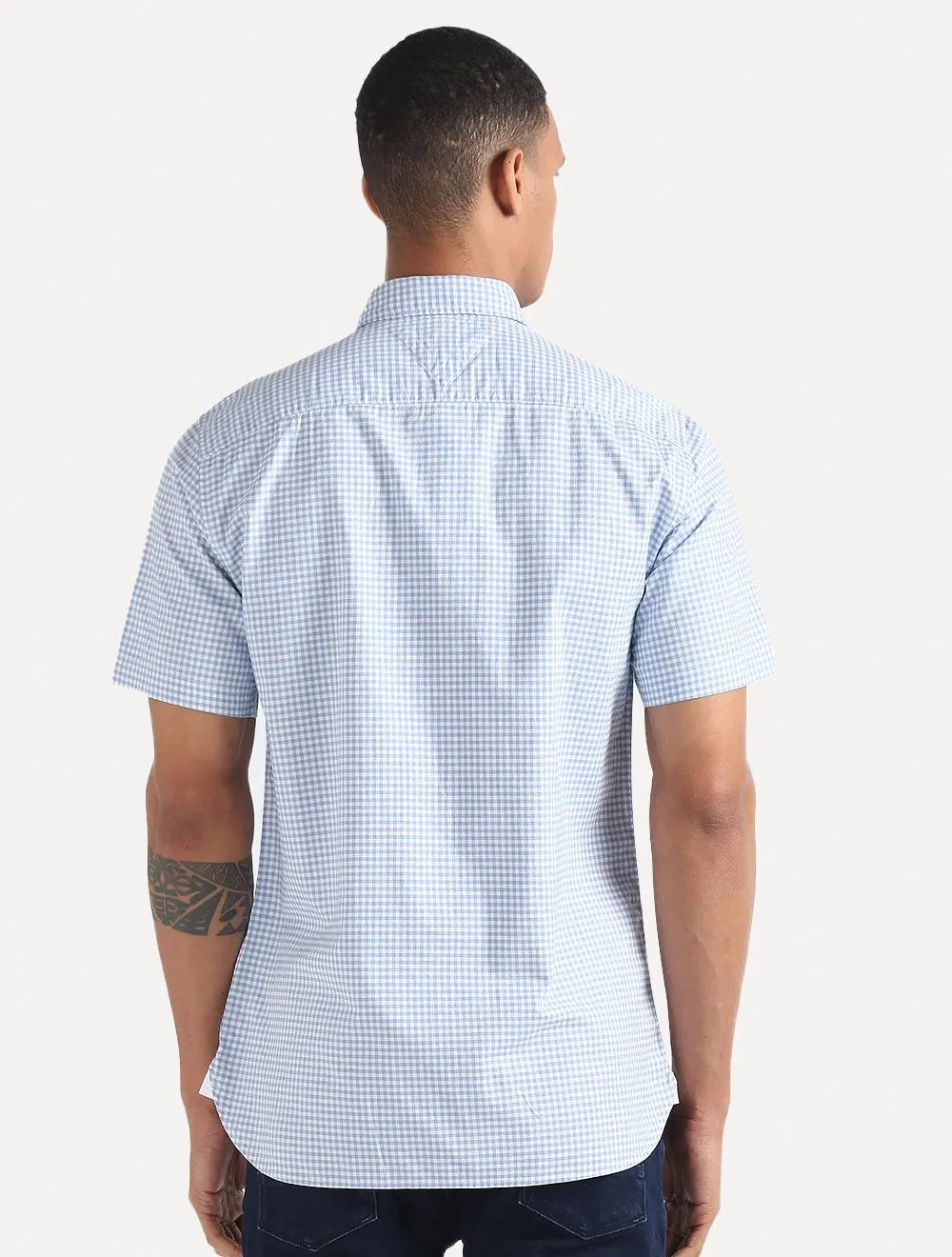 Camisa Tommy Hilfiger Masculina Manga Curta Xadrez Gingham Branca/Azul Claro