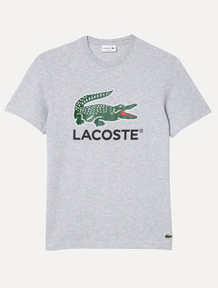 Camiseta Lacoste Masculina Jersey Croco Signature Logo Cinza Mescla
