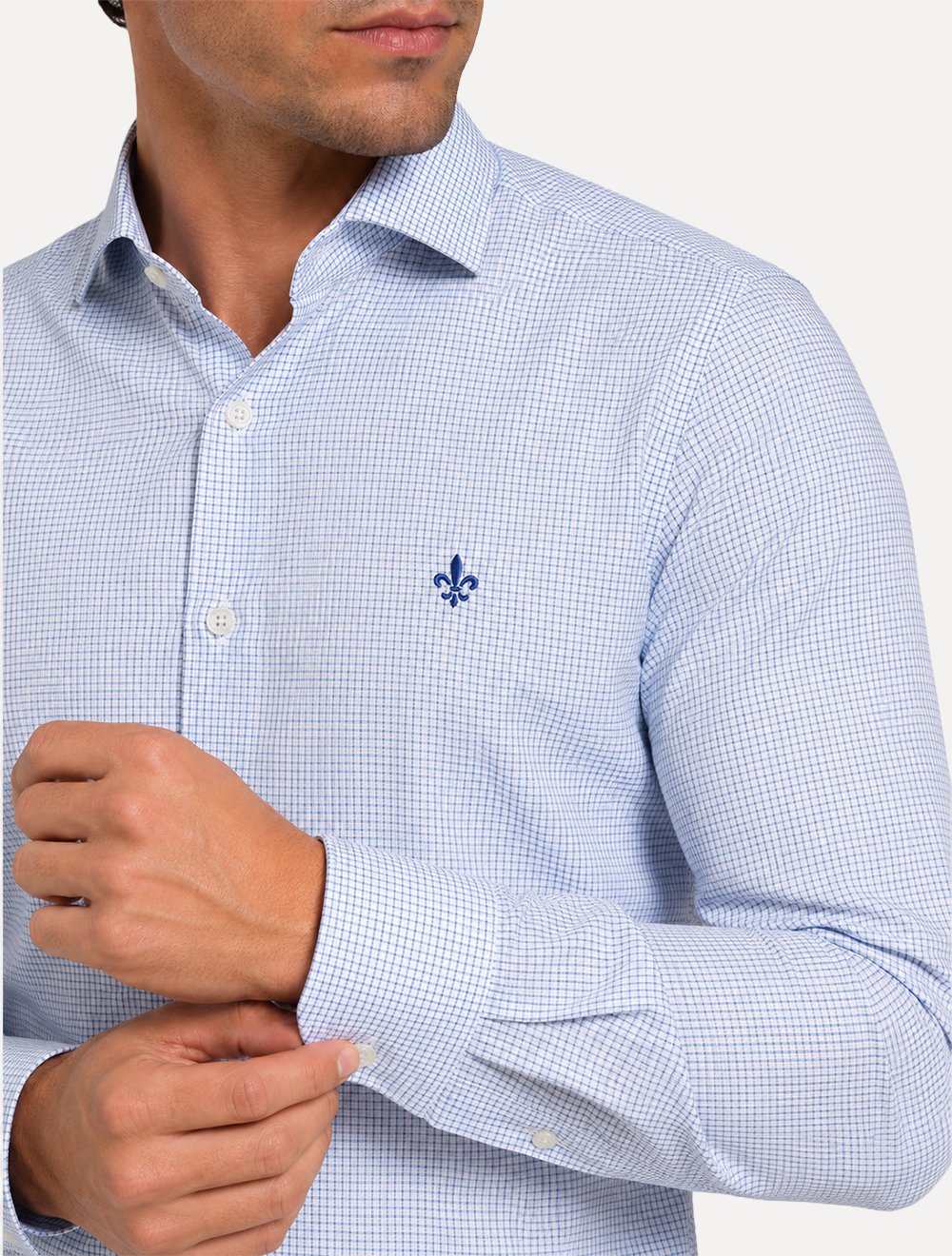 Camisa Dudalina Masculina Comfort Superfine Cotton Xadrez Mono Logo Azul Médio