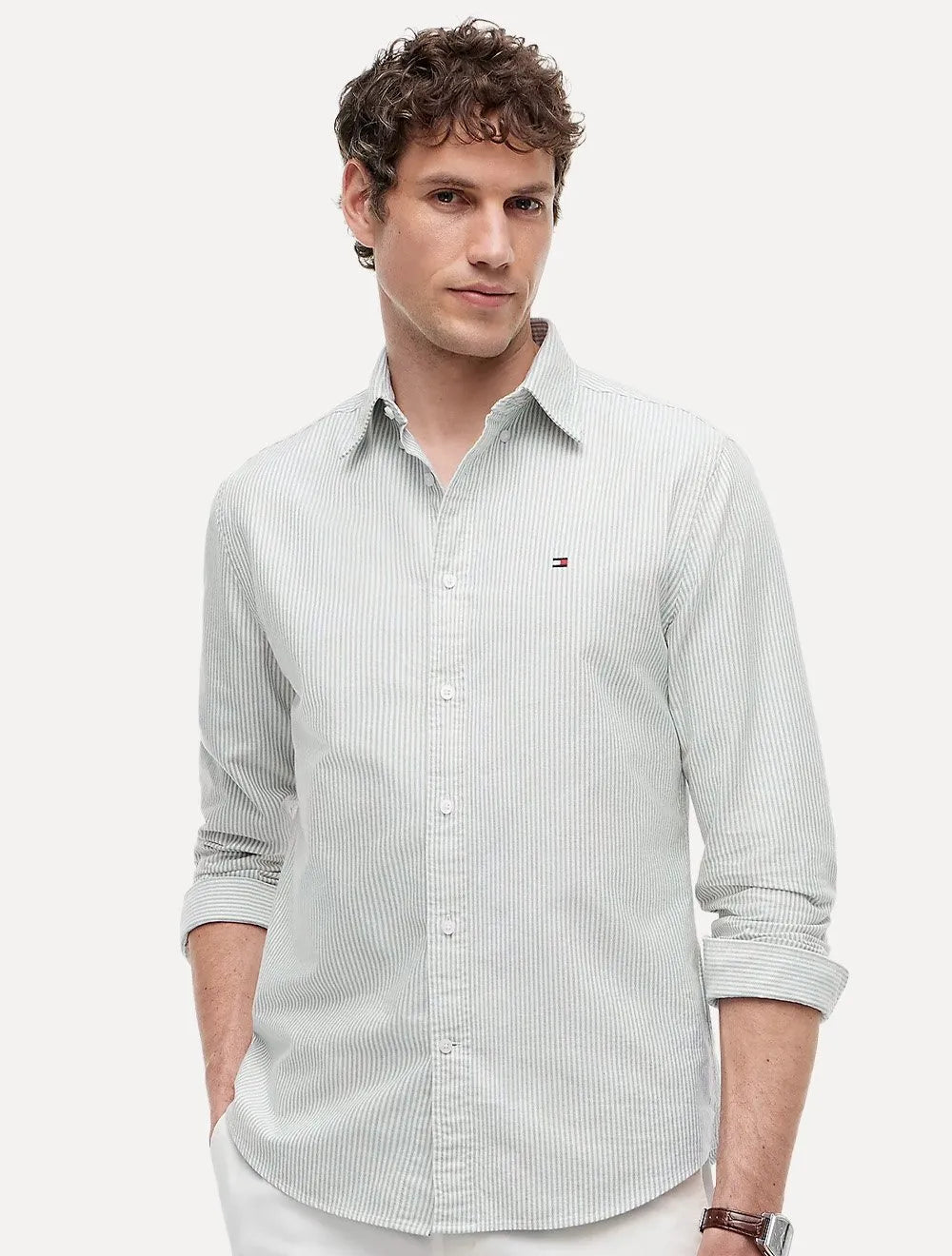Camisa Tommy Hilfiger Masculina Regular Oxford Stripe Heritage Verde