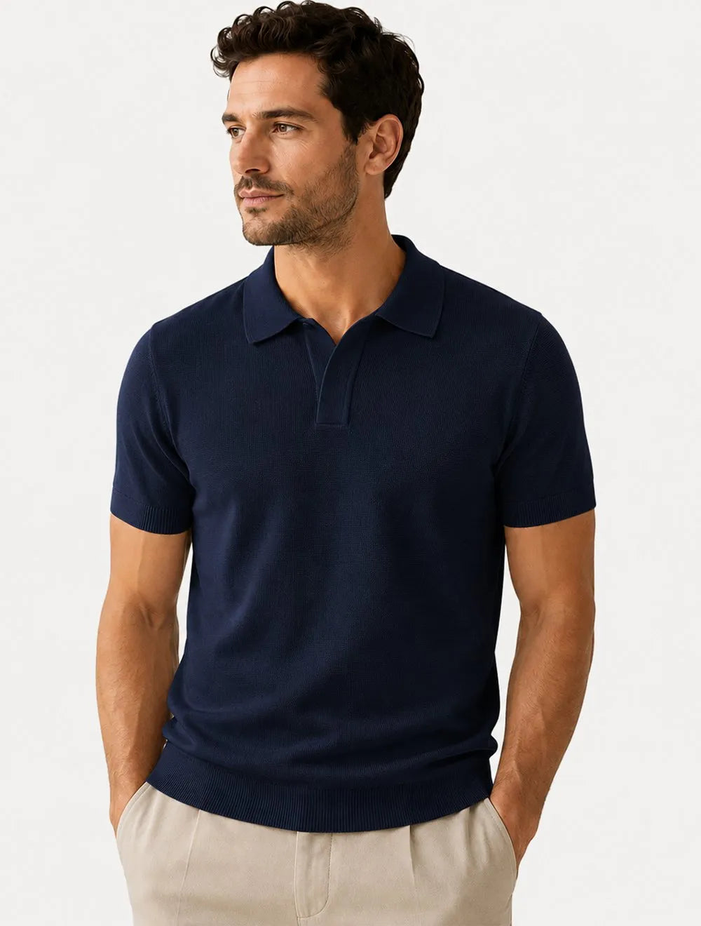Polo Dixen Masculina Tricot Viscose Texturizada Manga Curta Azul Marinho