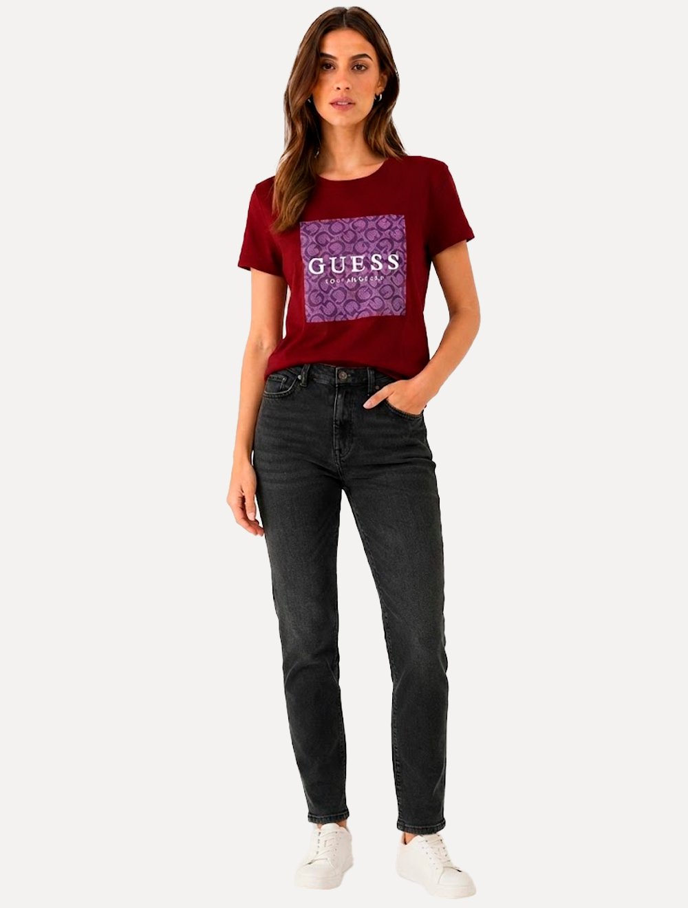 Camiseta Guess Feminina Silk Block Logo Vermelho Escuro