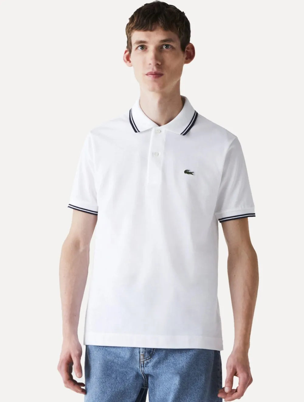 Polo Lacoste Masculina Classic Fit Piquet Navy Stripes Branca