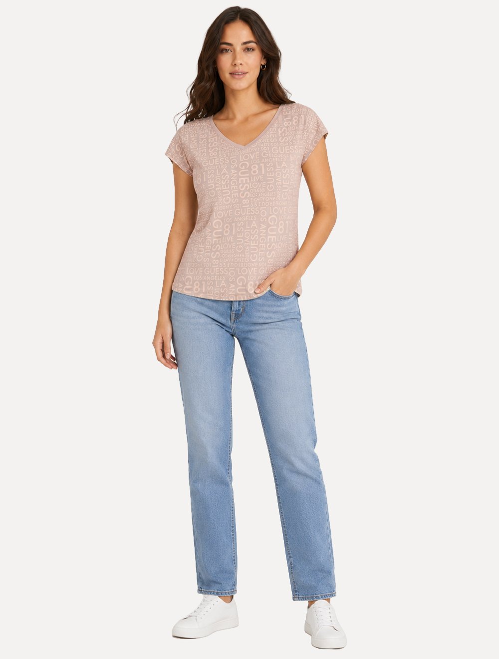 Camiseta Guess Feminina Estampada Gola V Cáqui Claro