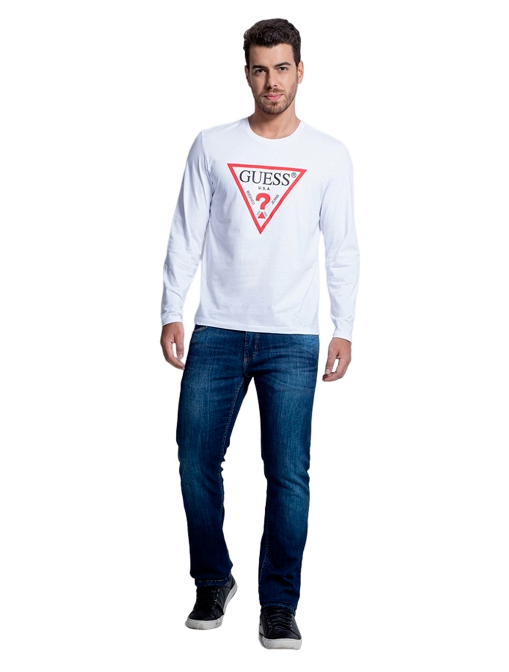 Camiseta Guess Masculina Manga Longa Logo Print Branca