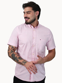 Camisa Tommy Hilfiger Masculina Manga Curta Pocket Gingham Rosa Médio