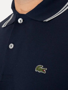 Polo Lacoste Masculina Classic Fit Piquet White Stripes Azul Marinho