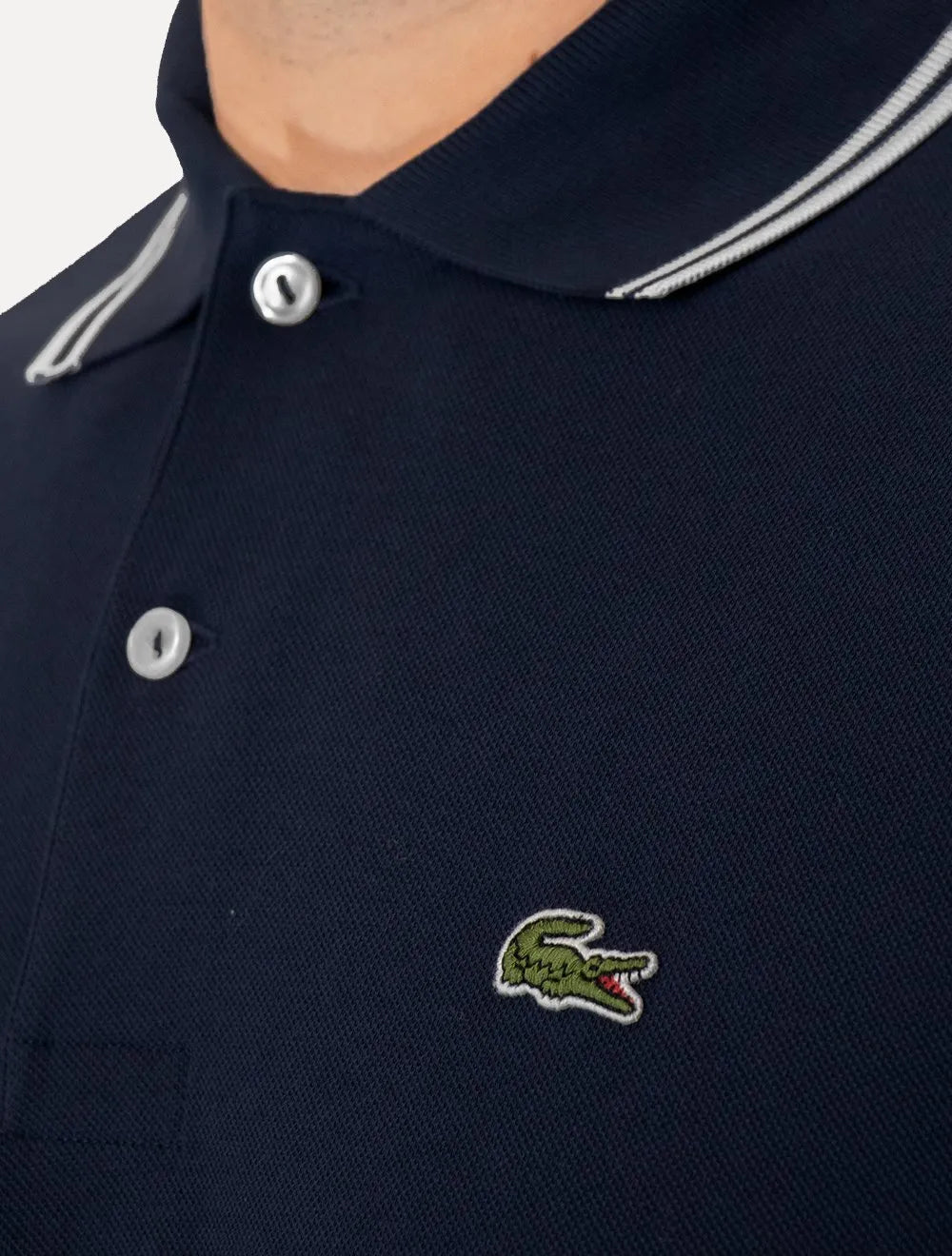 Polo Lacoste Masculina Classic Fit Piquet White Stripes Azul Marinho