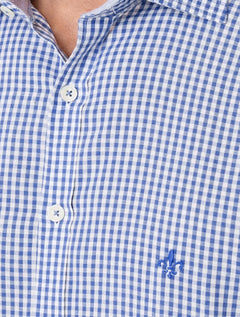 Camisa Dudalina Masculina Comfort Superfine Regular Xadrez Mono Logo Azul Médio