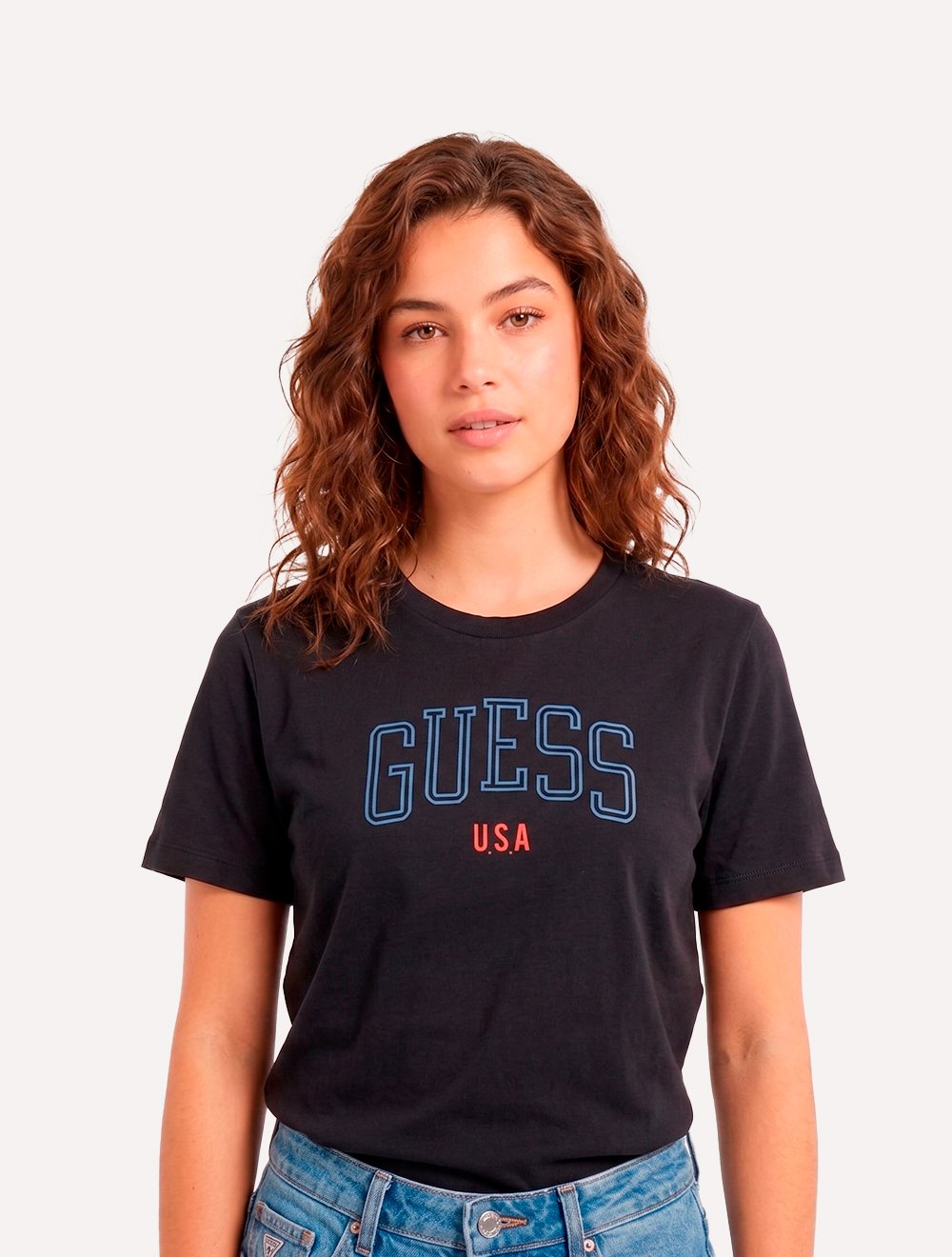 Camiseta Guess Feminina College Logo Preta