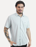 Camisa Dudalina Masculina Manga Curta Comfort Fit Slub Cotton Flame Listras Azul Claro