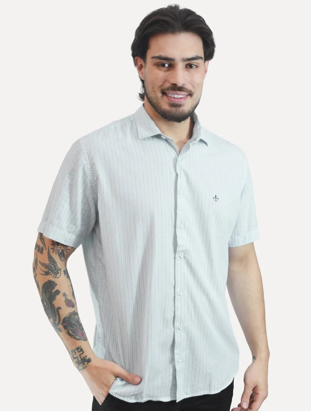 Camisa Dudalina Masculina Manga Curta Comfort Fit Slub Cotton Flame Listras Azul Claro