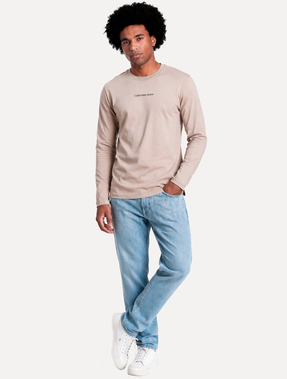 Camiseta Calvin Klein Jeans Masculina Manga Longa Institutional Cáqui Claro