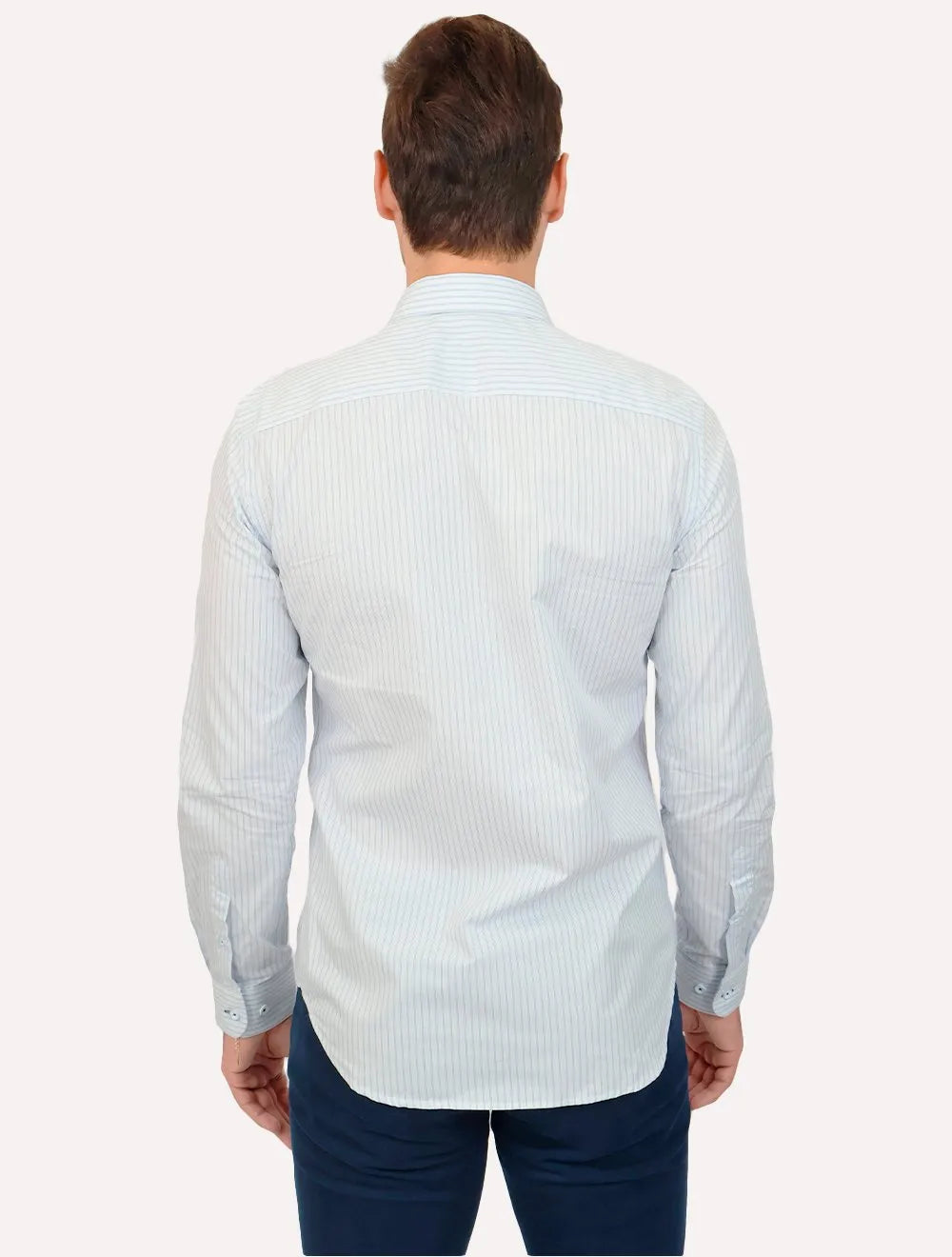 Camisa Dudalina Masculina Milano Fit Easy Icon Listras Azul Claro