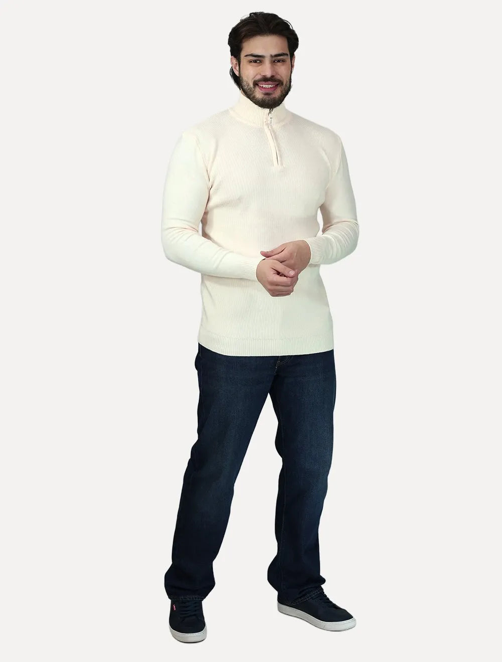 Suéter Dixen Masculino Tricot Straights Half-Zip Gola Alta Off White