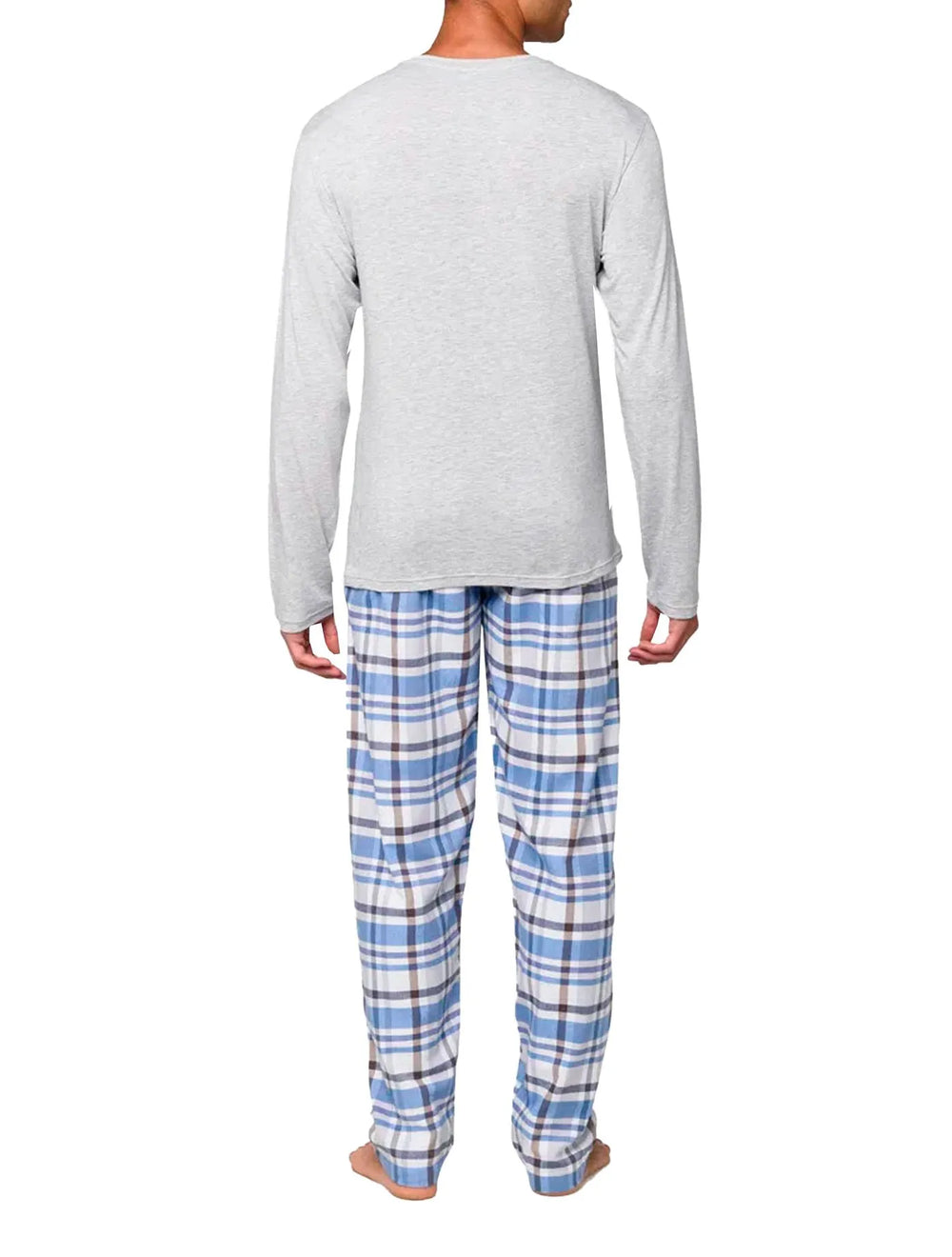 Pijama Calvin Klein Masculino Manga Longa Calça Flanelada 1996 Xadrez Azul Cinza Mescla