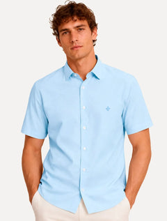 Camisa Dudalina Masculina Manga Curta Slim Superfine Cotton Tricoline Lisa Azul Claro