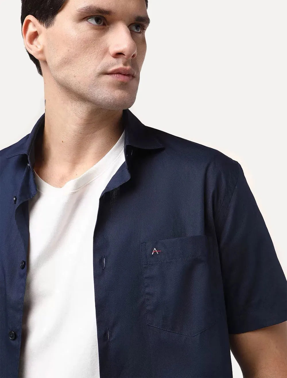 Camisa Aramis Masculina Manga Curta Tricoline Stretch Pocket Azul Marinho