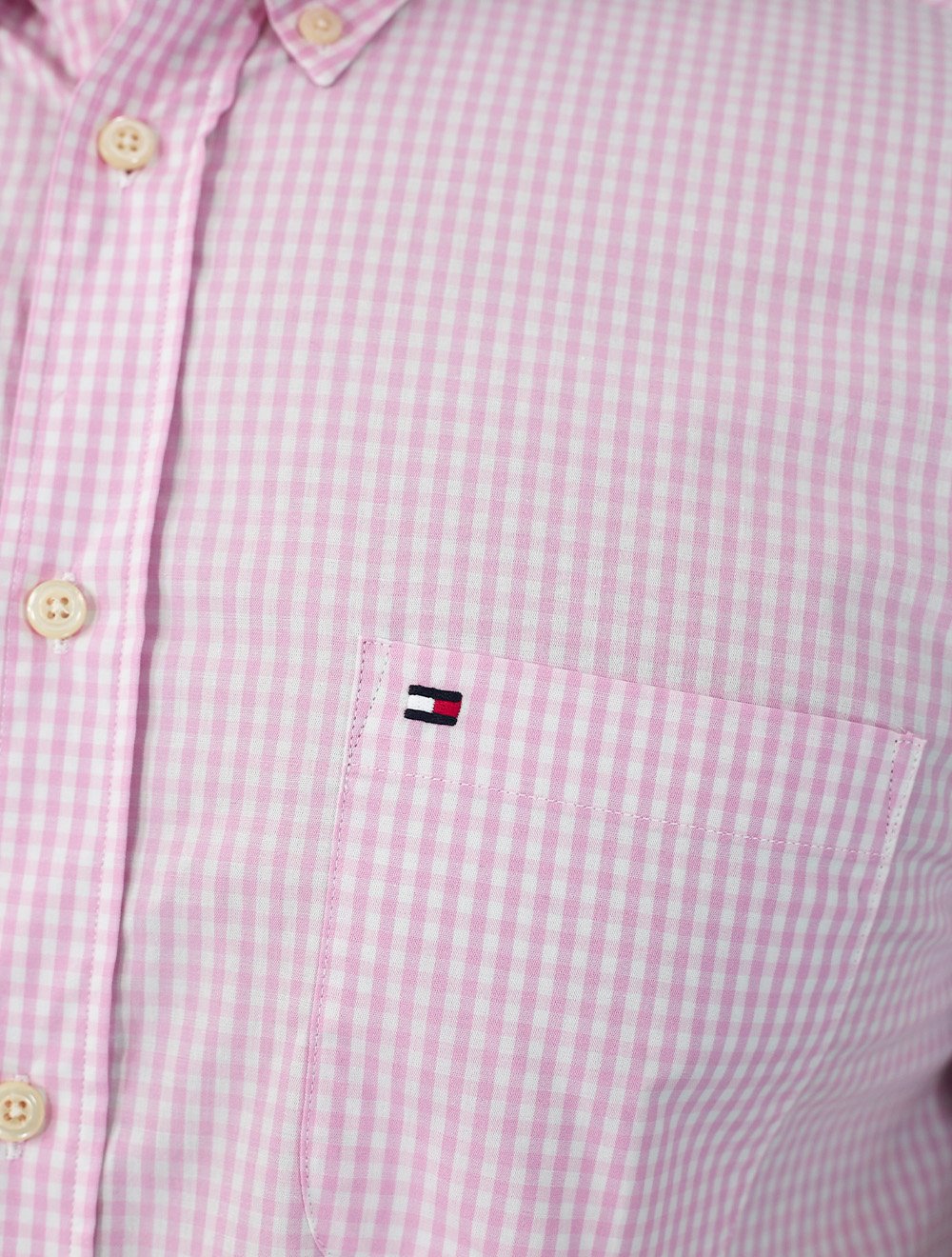 Camisa Tommy Hilfiger Masculina Manga Curta Pocket Gingham Rosa Médio