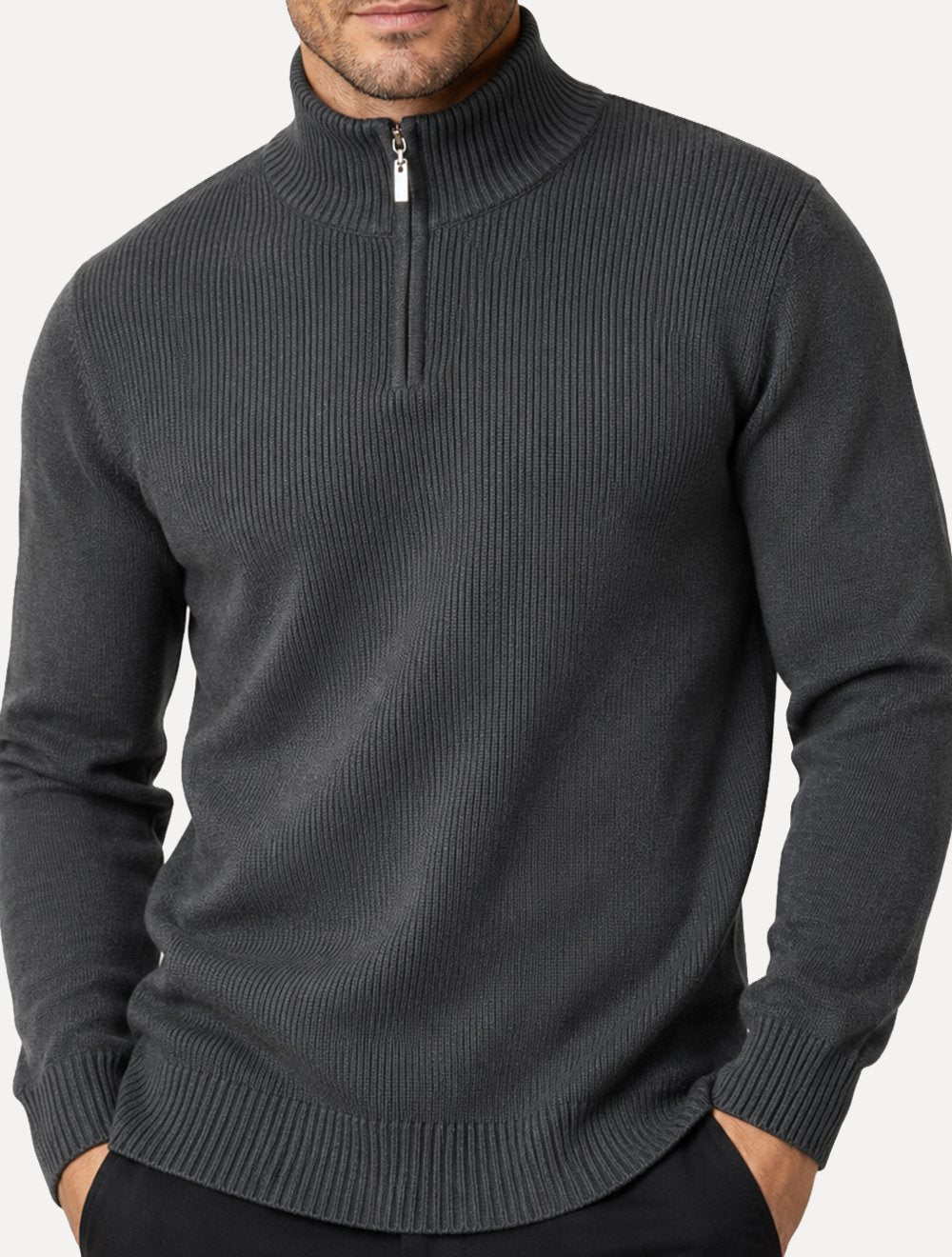 Suéter Dixen Masculino Tricot Straights Half-Zip Gola Alta Cinza Chumbo
