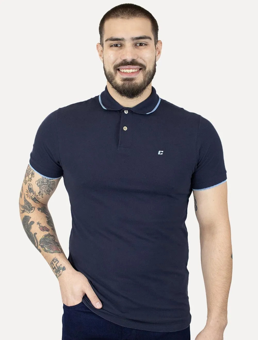 Polo Colcci Masculina Piquet Blue Frisos Mini Logo Azul Marinho