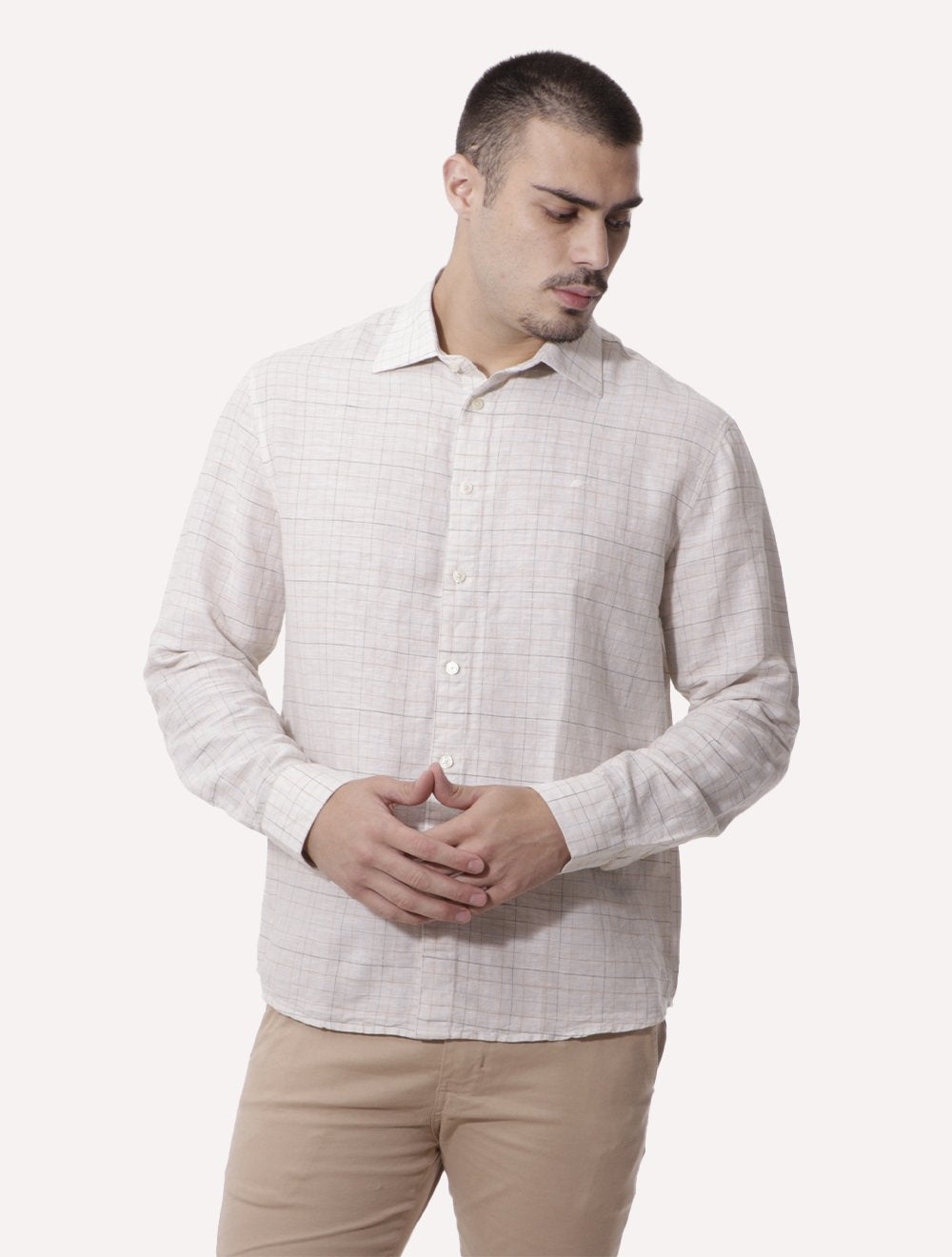 Camisa Ellus Masculina Regular Linen Blend Breeze Italian Xadrez Off-White