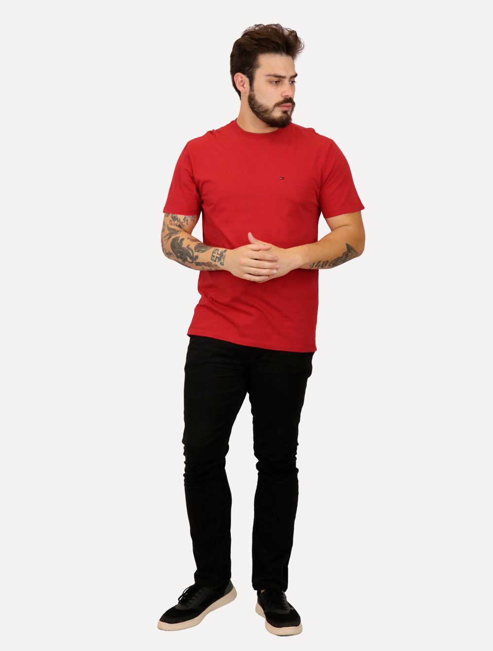 Camiseta Tommy Jeans Masculina Regular Jersey C-Neck Flag Vermelha