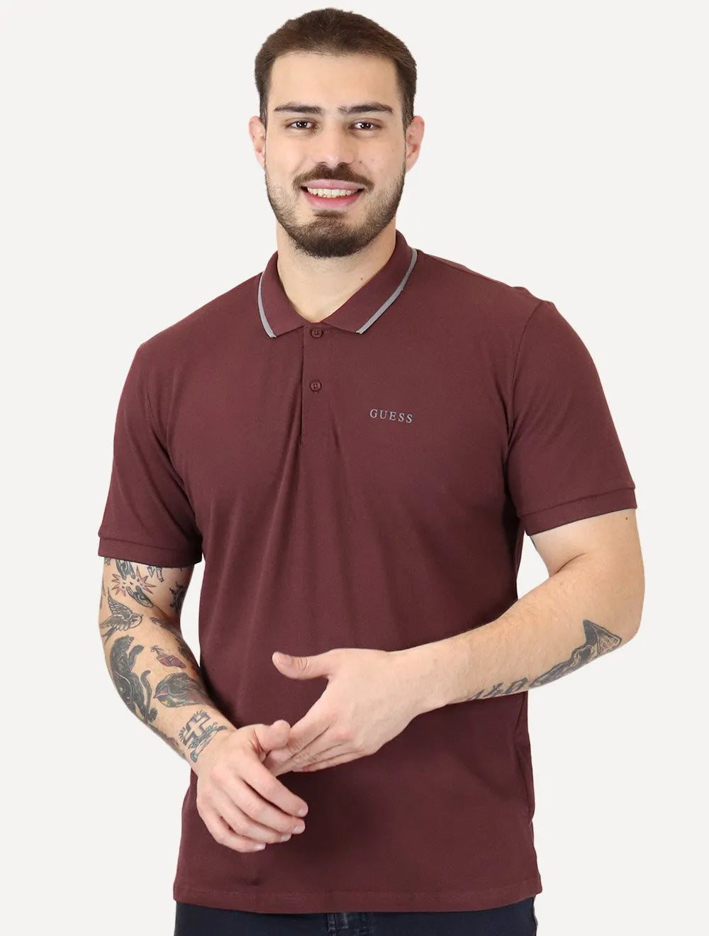 Polo Guess Masculina Piquet Silk Linear Light Friso Bordô
