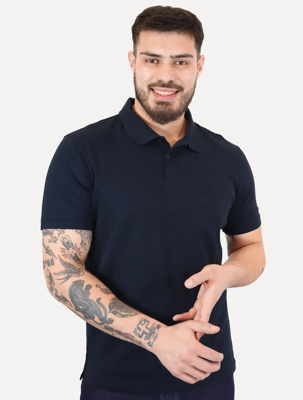 Polo Calvin Klein Masculina Regular Básica Interlock Liquid Touch Azul Marinho