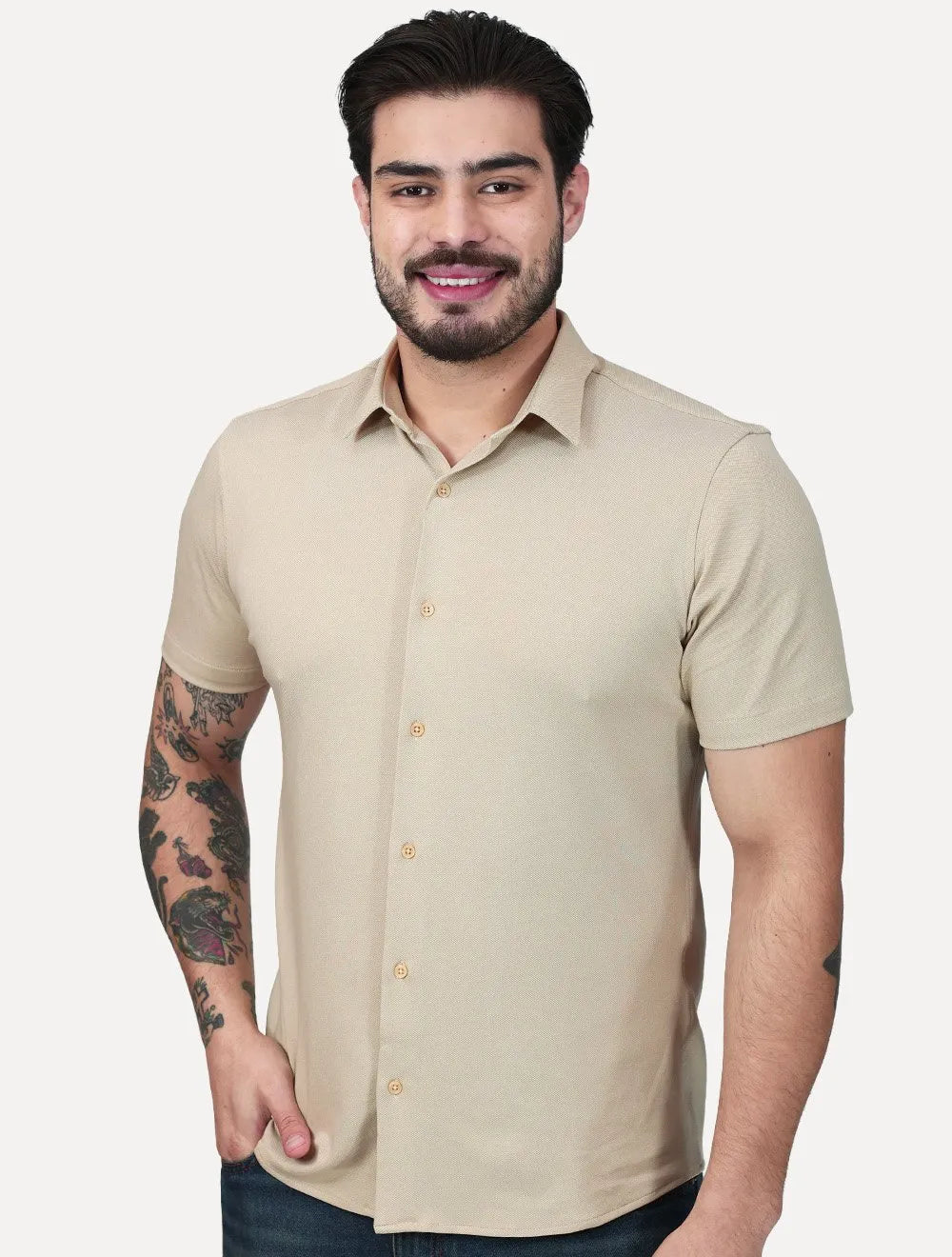 Camisa Aramis Masculina Manga Curta Slim Mista Italia Cáqui