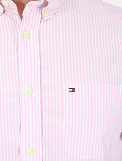 Camisa Tommy Hilfiger Masculina Manga Curta Regular Listrada Oxford Rosa Médio