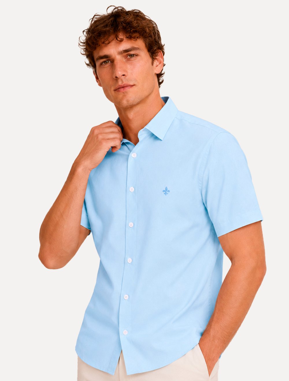 Camisa Dudalina Masculina Manga Curta Slim Superfine Cotton Tricoline Lisa Azul Claro