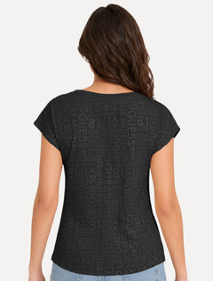 Camiseta Guess Feminina Estampada Gola V Preta