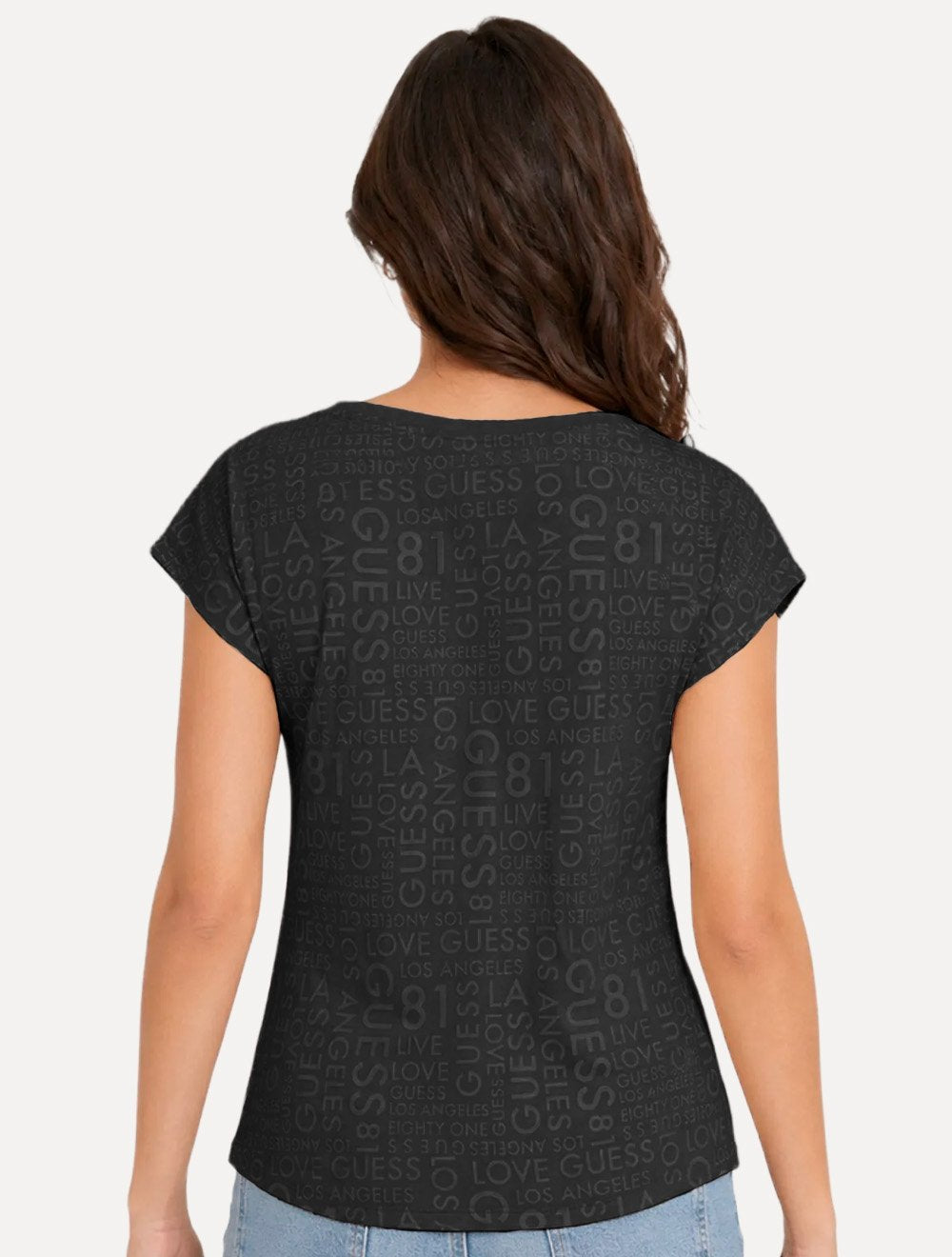 Camiseta Guess Feminina Estampada Gola V Preta