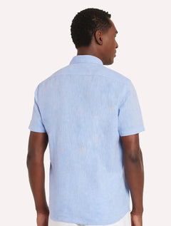Camisa Aramis Masculina Manga Curta Slim Linho Algodão Azul Claro Mescla