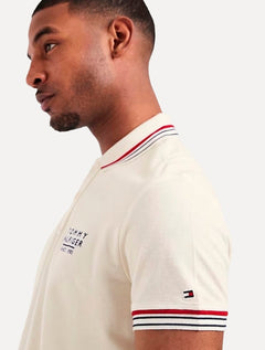 Polo Tommy Hilfiger Masculina Regular Stripe Collar Cuff Detail Off White