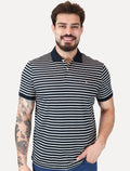 Polo Tommy Hilfiger Masculina Malha Liquid Cotton Regular Fit Listrada Azul Marinho Off White