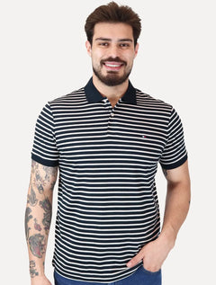Polo Tommy Hilfiger Masculina Malha Liquid Cotton Regular Fit Listrada Azul Marinho Off White